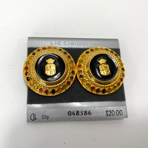 Vintage Liz Claiborne Gold Tone Harlequin Earrings Round Clip-Ons Designer 1.5" - Picture 8 of 9